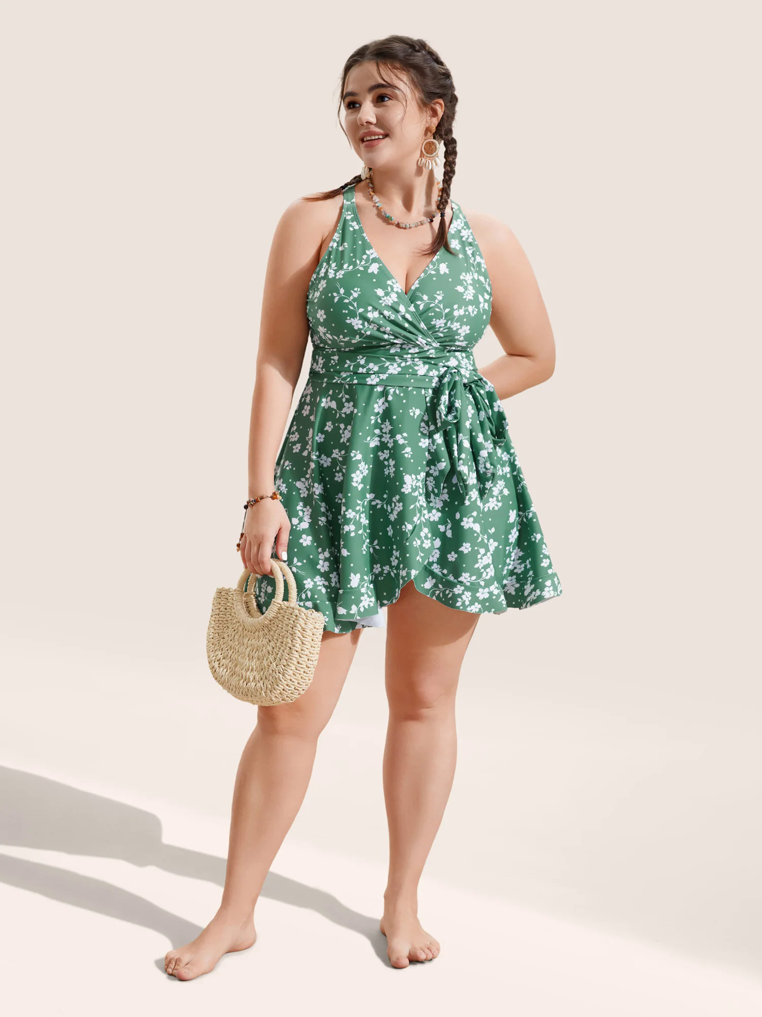Ditsy Floral Overlap Collar Tie Knot Swim Dress Ditsy Floral Overlap Collar Tie Knot Swim Dress