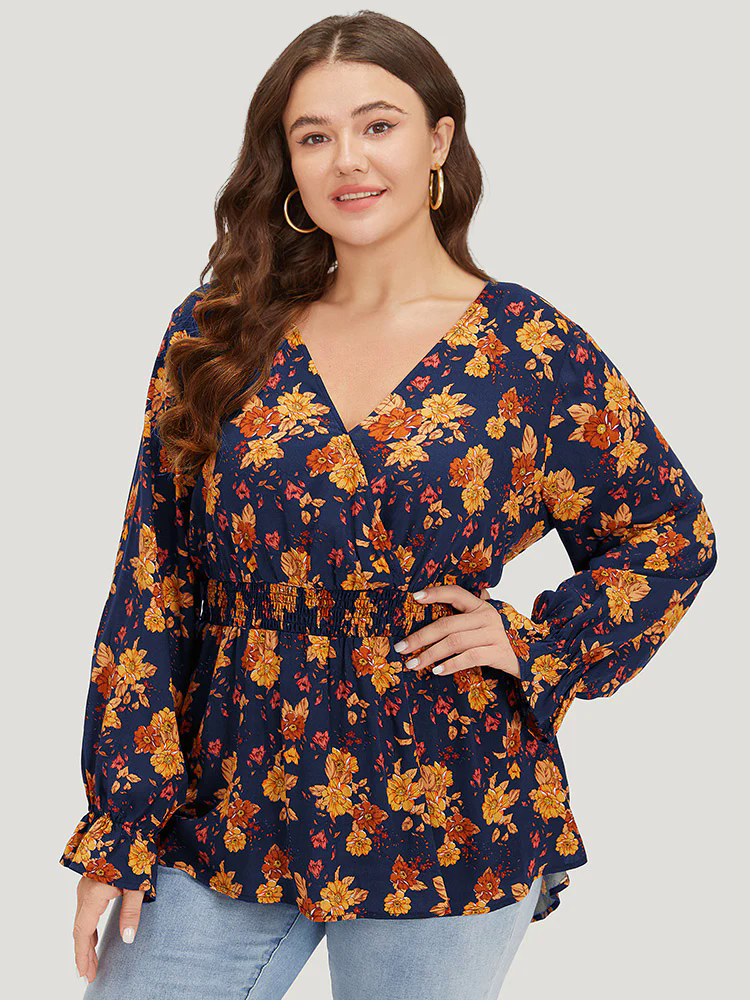 Floral Print Wrap Shirred Lantern Sleeve Blouse Floral Print Wrap Shirred Lantern Sleeve Blouse