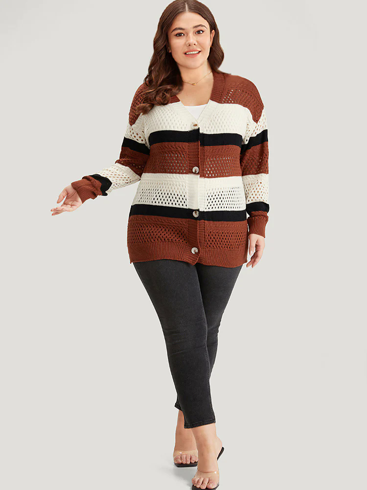 Colorblock Contrast Geo Eyelet Button Through Cardigan