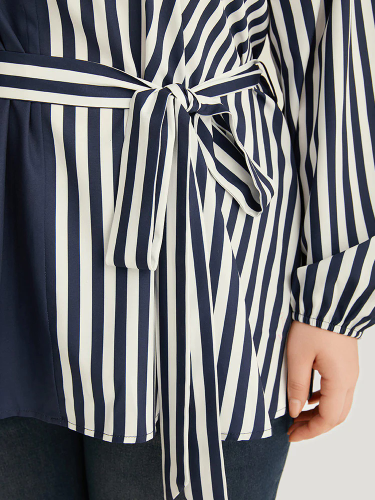 Striped Patchwork Notched Belted Lantern Sleeve Blouse Striped Patchwork Notched Belted Lantern Sleeve Blouse
