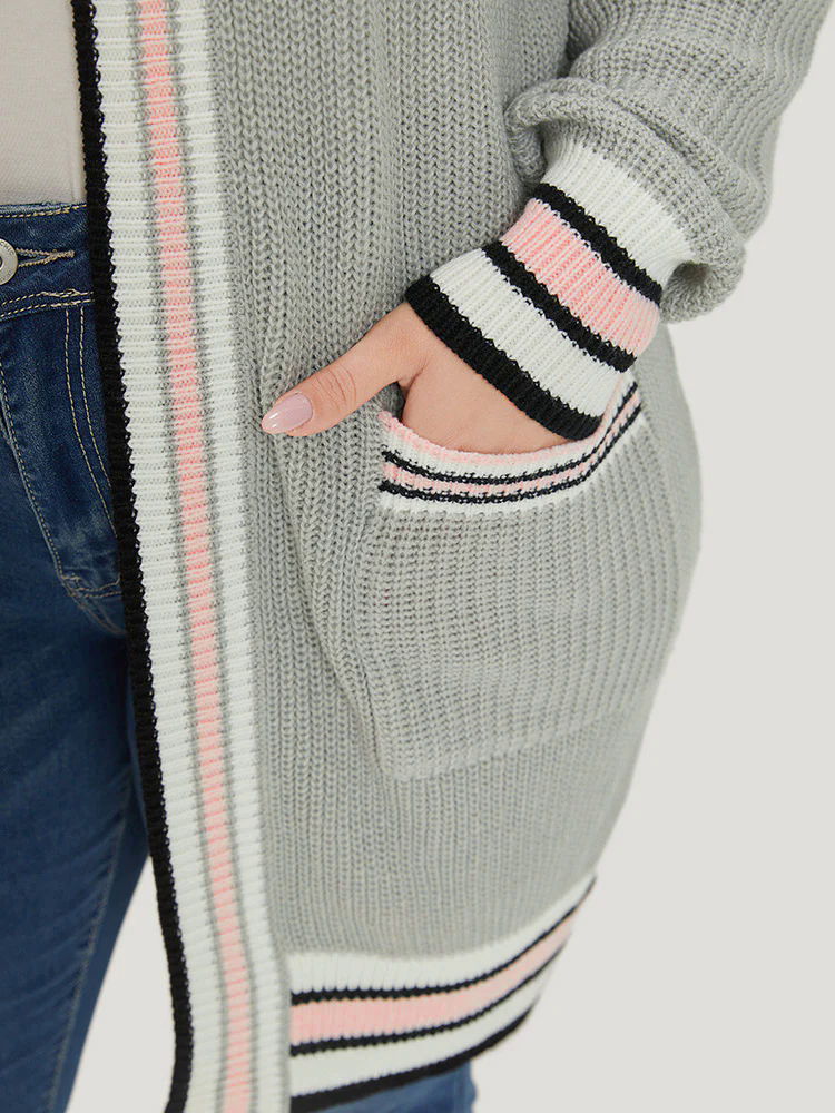 Striped Contrast Drop Shoulder Elastic Cuffs Cardigan Striped Contrast Drop Shoulder Elastic Cuffs Cardigan