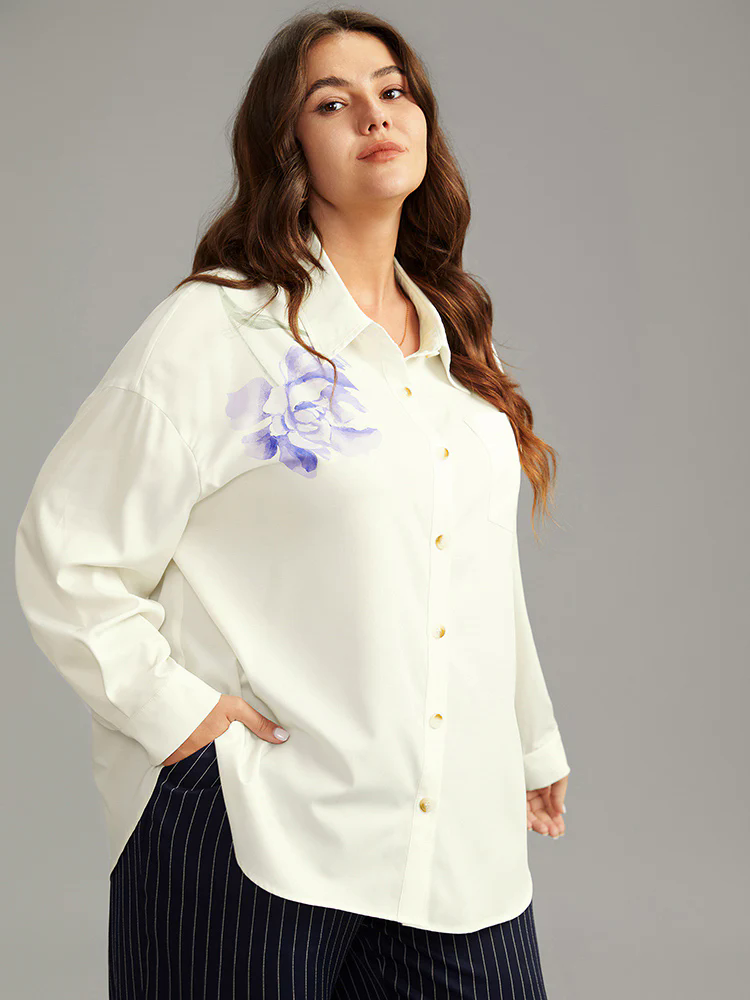 Shirt Collar Floral Print Patched Pocket Blouse Shirt Collar Floral Print Patched Pocket Blouse