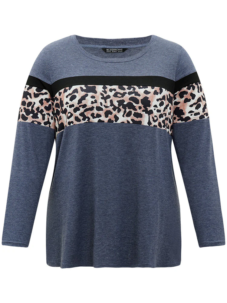 Leopard Heather Patchwork Crew Neck T-shirt Leopard Heather Patchwork Crew Neck T-shirt