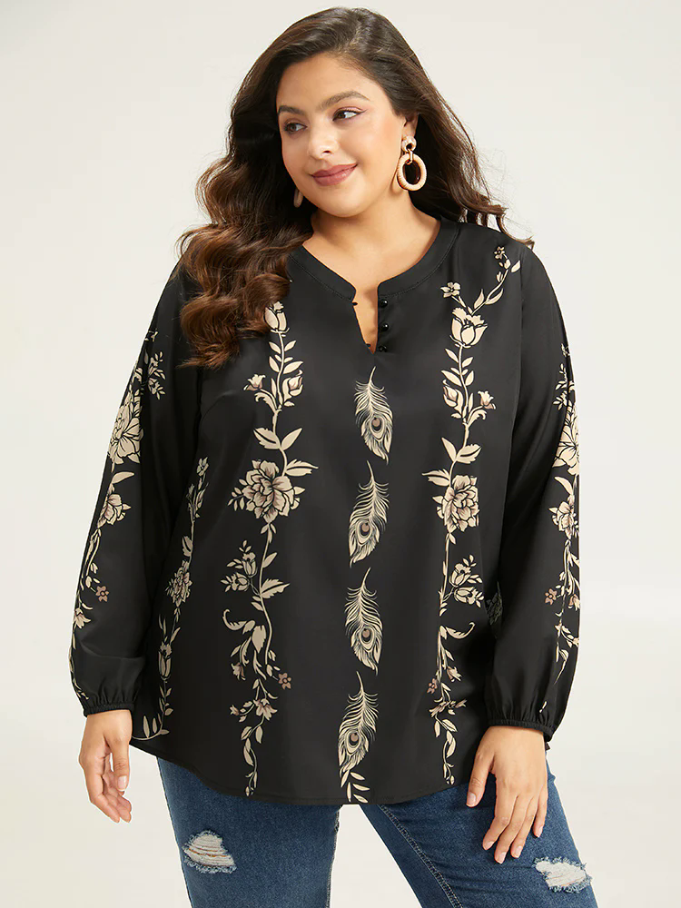 Floral Print Button Up Lantern Sleeve Blouse