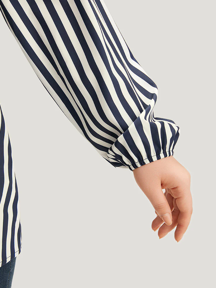 Striped Patchwork Notched Belted Lantern Sleeve Blouse Striped Patchwork Notched Belted Lantern Sleeve Blouse