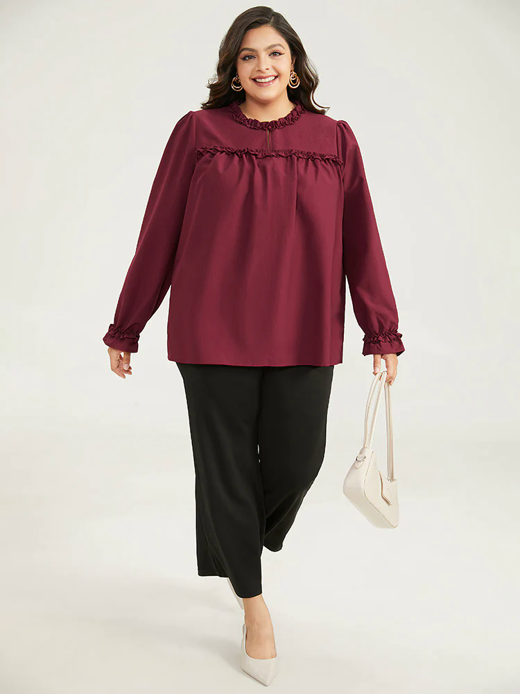 Solid Frill Trim Puff Sleeve Blouse Solid Frill Trim Puff Sleeve Blouse
