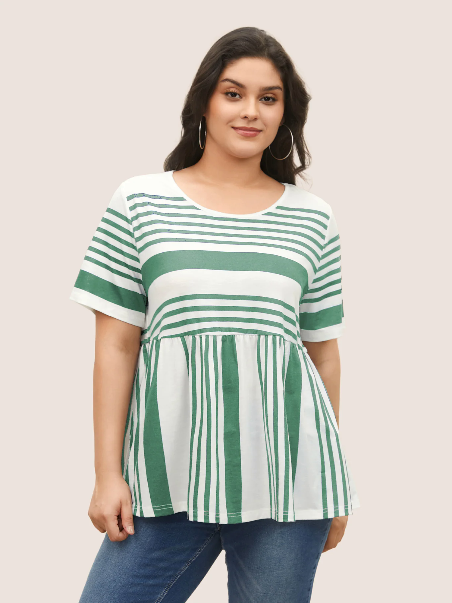 Striped Print Elastic Waist Round Neck T-shirt Striped Print Elastic Waist Round Neck T-shirt
