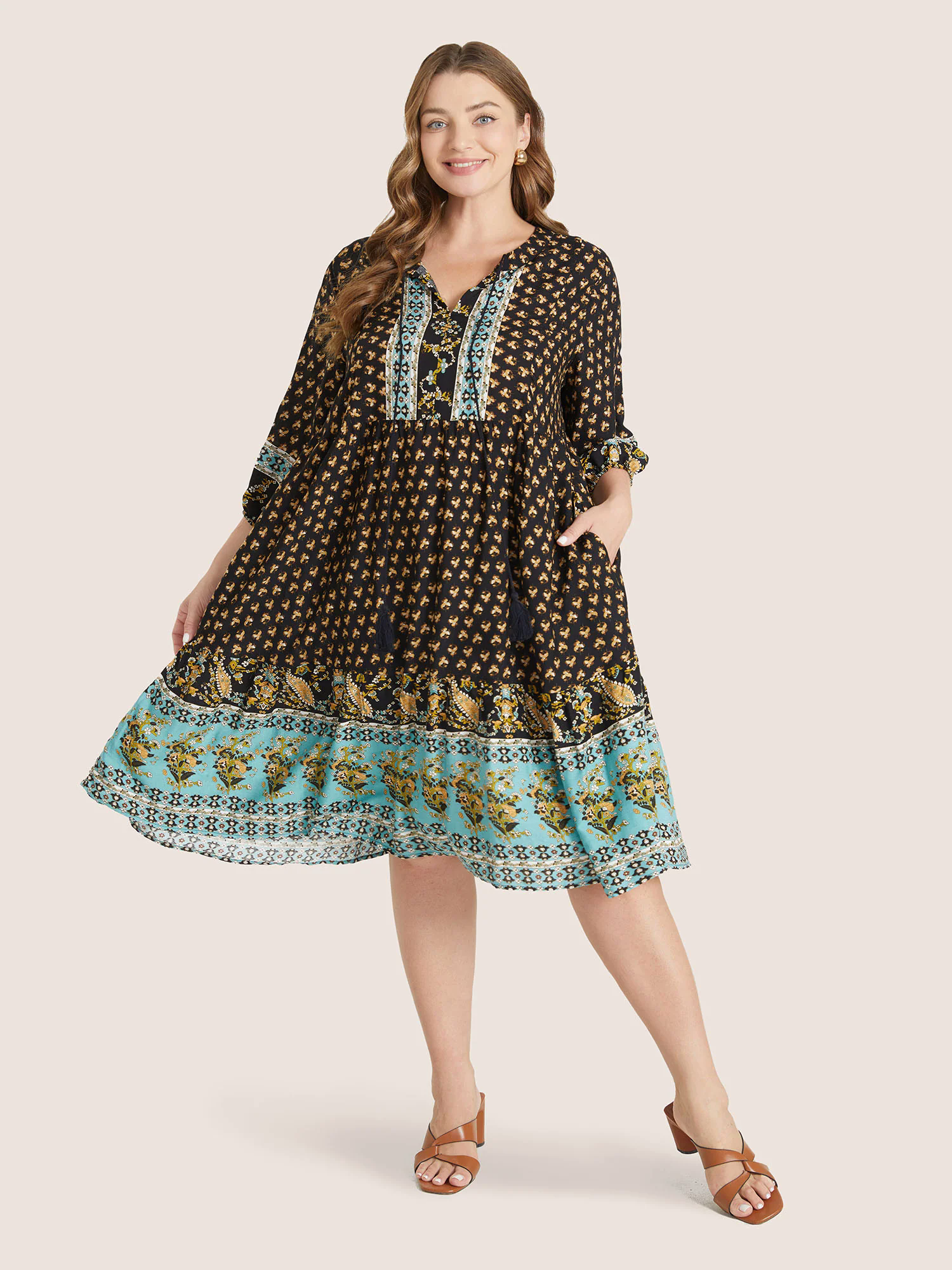 Bandana Tassels Lantern Sleeve Ruffle Pocket Keyhole Neck Dress Bandana Tassels Lantern Sleeve Ruffle Pocket Keyhole Neck Dress