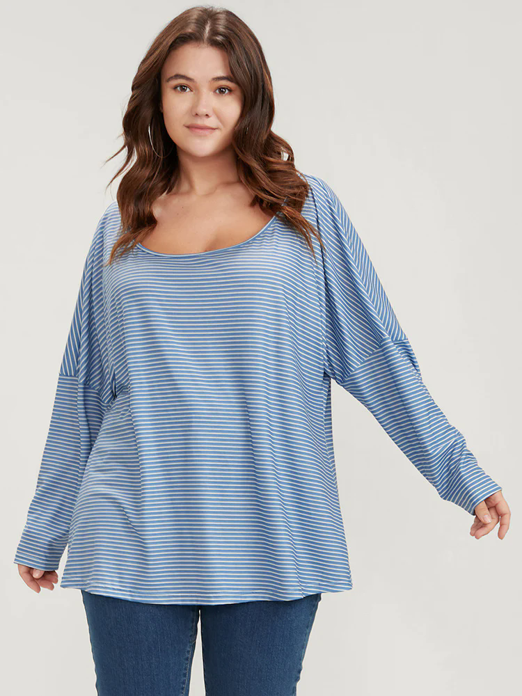 Striped Print Scoop Neck Long Tee Striped Print Scoop Neck Long Tee