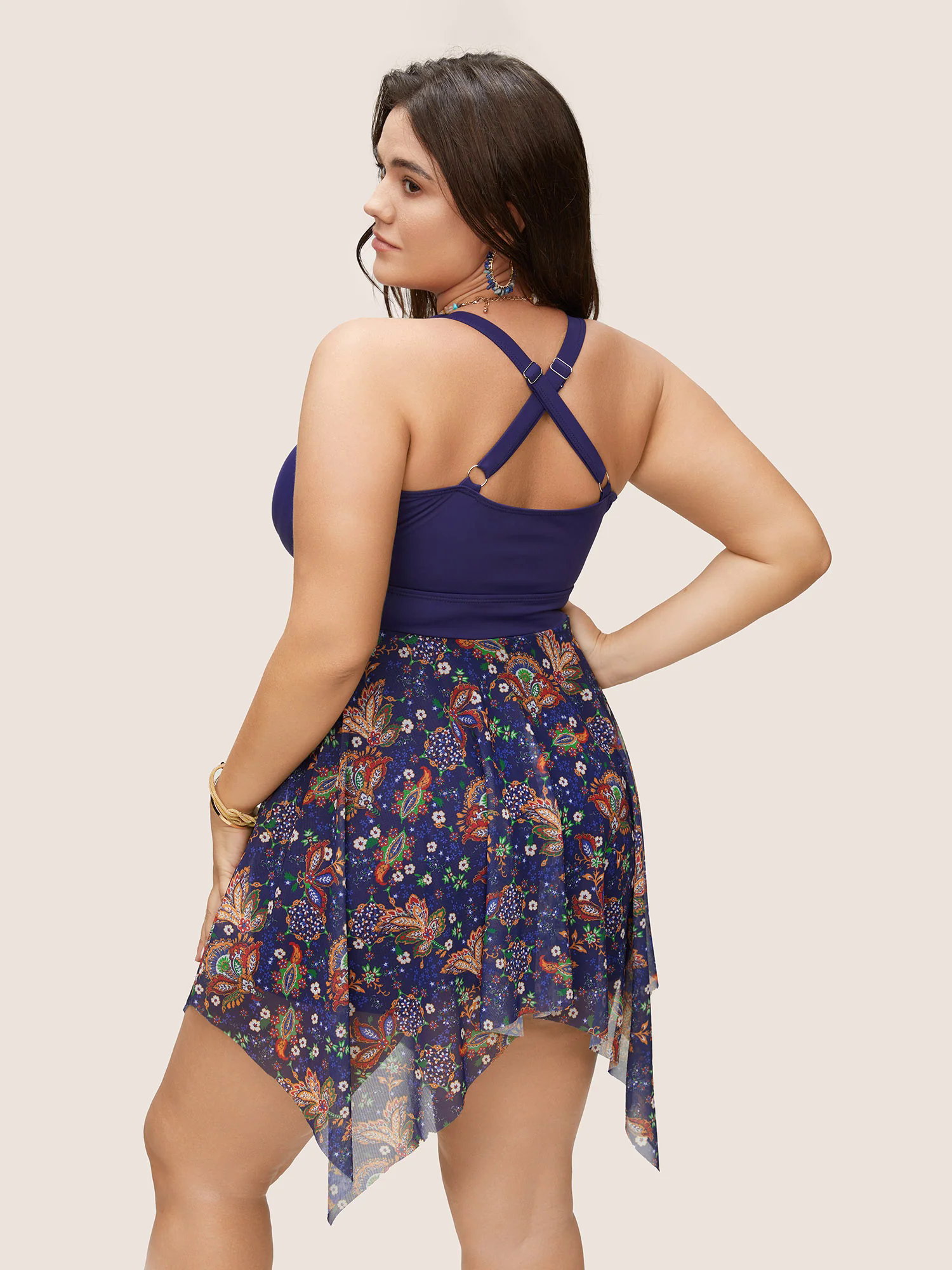 Patchwork Ruched Knot Asymmetrical Hem Swim Dress Patchwork Ruched Knot Asymmetrical Hem Swim Dress