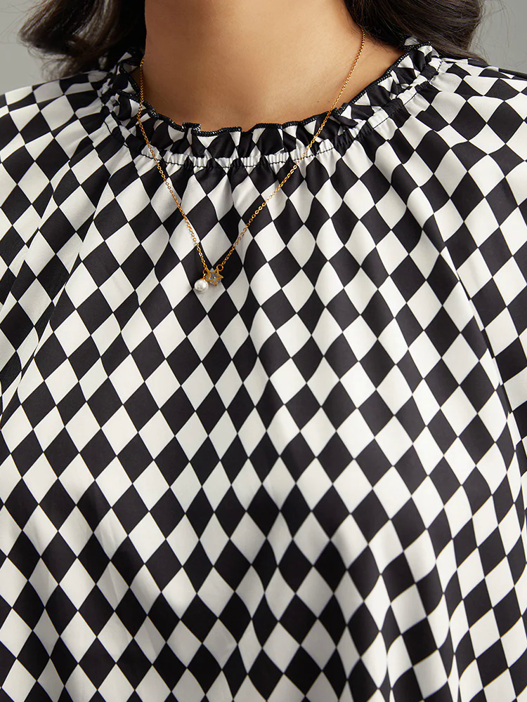 Halloween Check Frill Trim Gathered Patchwork Blouse Halloween Check Frill Trim Gathered Patchwork Blouse