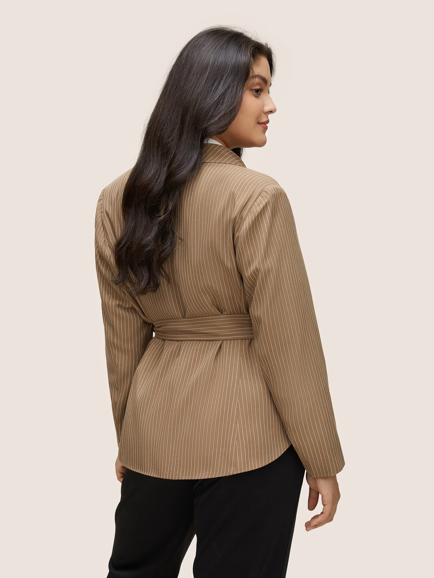 Striped Asymmetrical Hem Belted Flap Pocket Blazer Striped Asymmetrical Hem Belted Flap Pocket Blazer