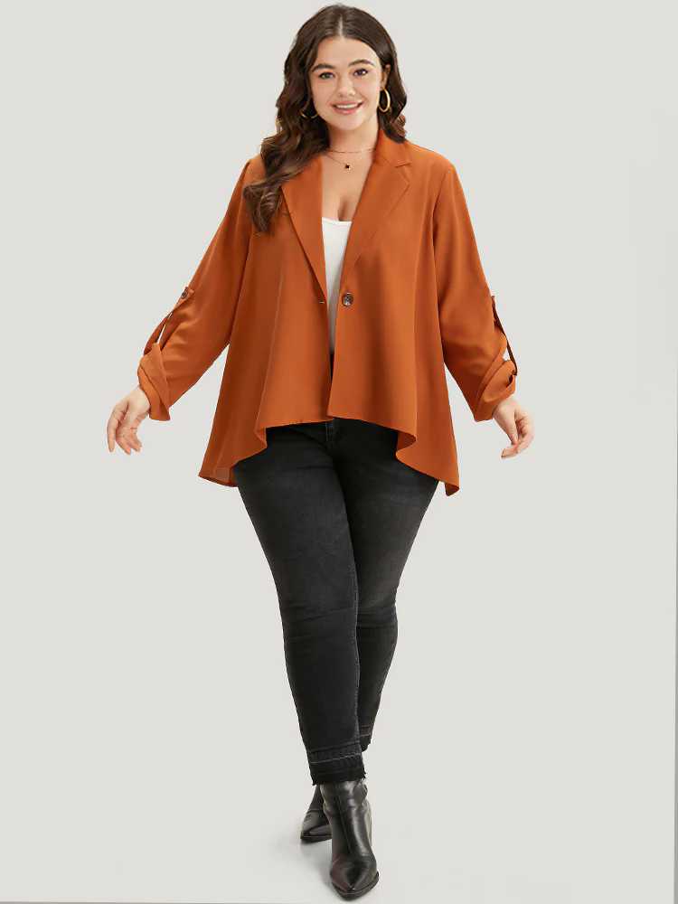 Plain Button Up Tab Sleeve High Low Hem Blazer Plain Button Up Tab Sleeve High Low Hem Blazer