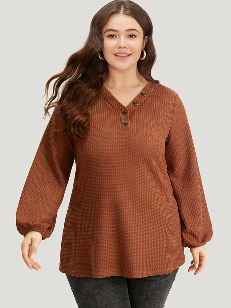 Halloween Solid Waffle Knit Button Up Lantern Sleeve T-shirt Halloween Solid Waffle Knit Button Up Lantern Sleeve T-shirt