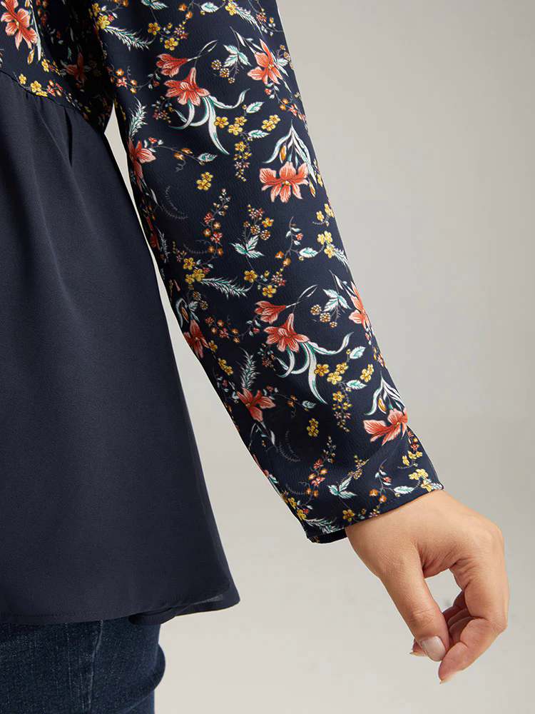 Floral Print Patchwork Pleated Blouse Floral Print Patchwork Pleated Blouse