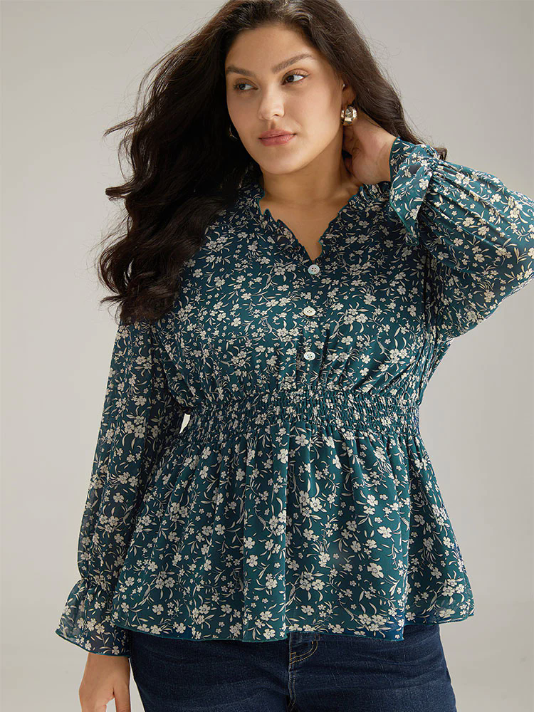 Ditsy Floral Chiffon Shirred Ruffles Frill Trim Blouse Ditsy Floral Chiffon Shirred Ruffles Frill Trim Blouse