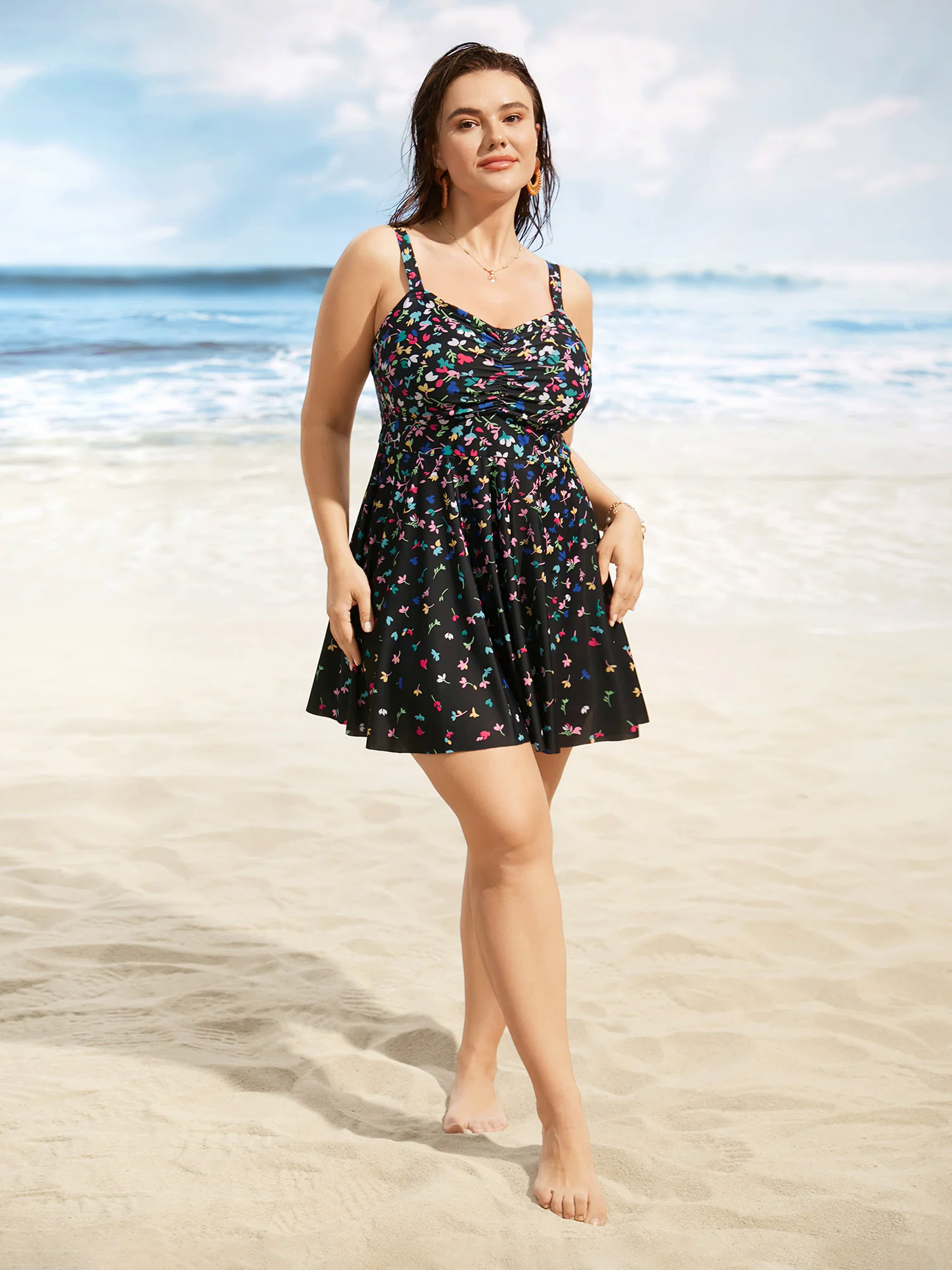 Contrast Floral Heart Neckline Ruched Swim Dress Contrast Floral Heart Neckline Ruched Swim Dress
