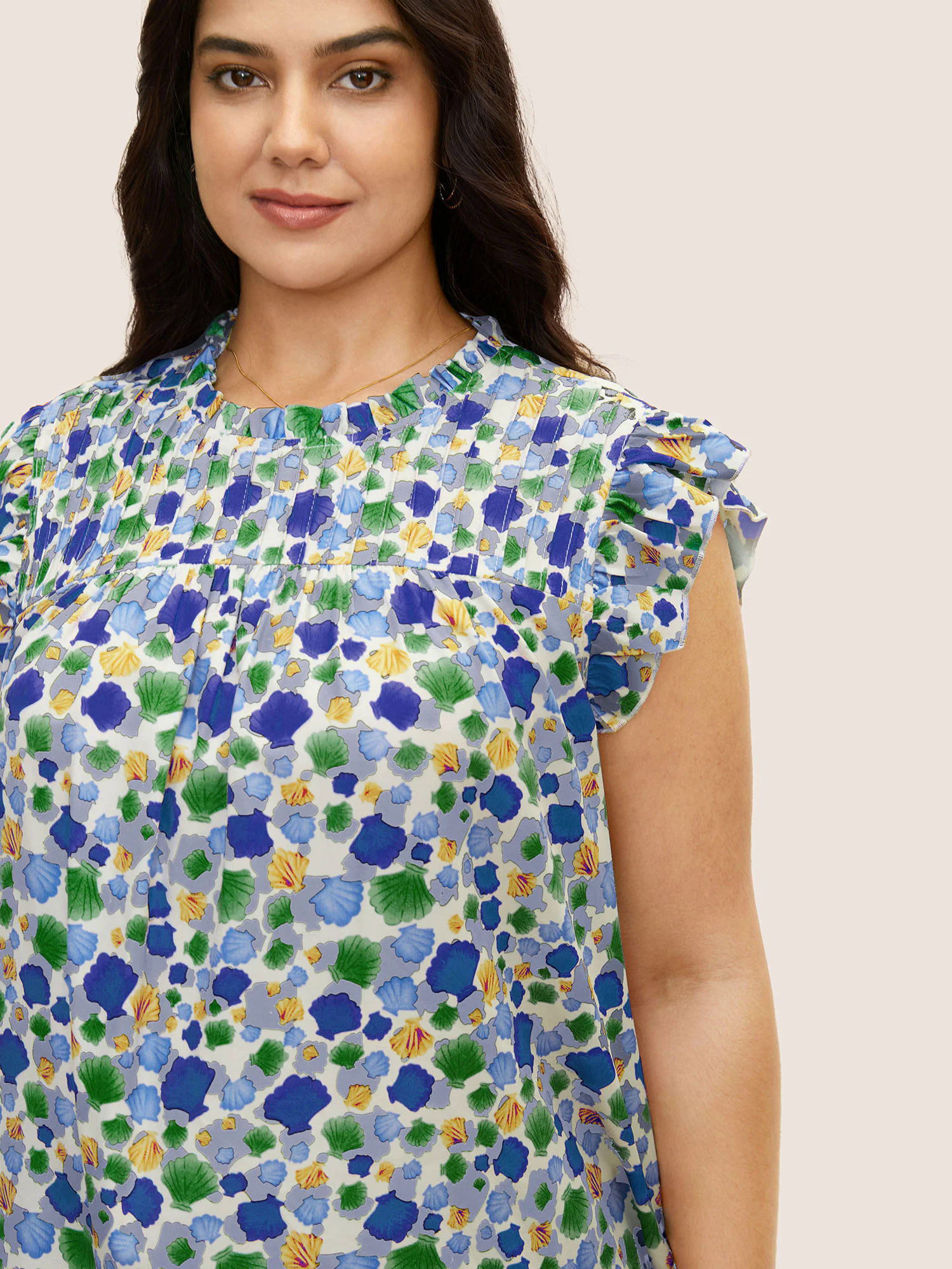 Shell Print Frill Trim Ruffle Cap Sleeve Blouse Shell Print Frill Trim Ruffle Cap Sleeve Blouse