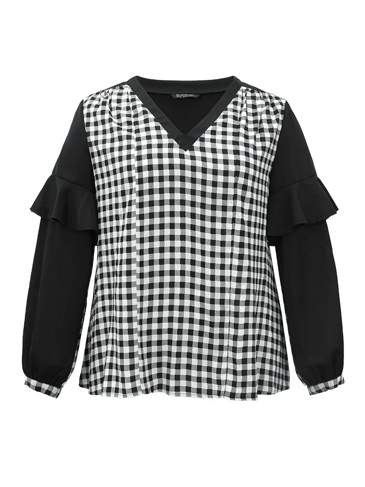 Gingham Patchwork Ruffle Trim Blouse Gingham Patchwork Ruffle Trim Blouse