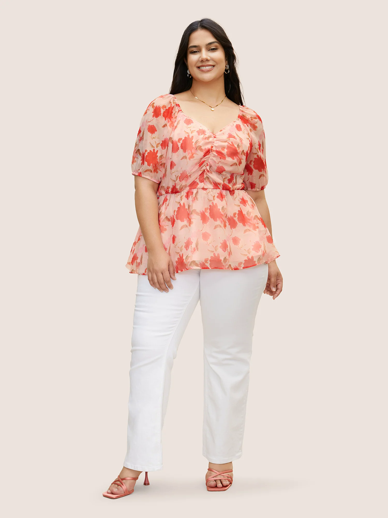 Floral Elastic Waist Mesh Ruched Blouse Floral Elastic Waist Mesh Ruched Blouse
