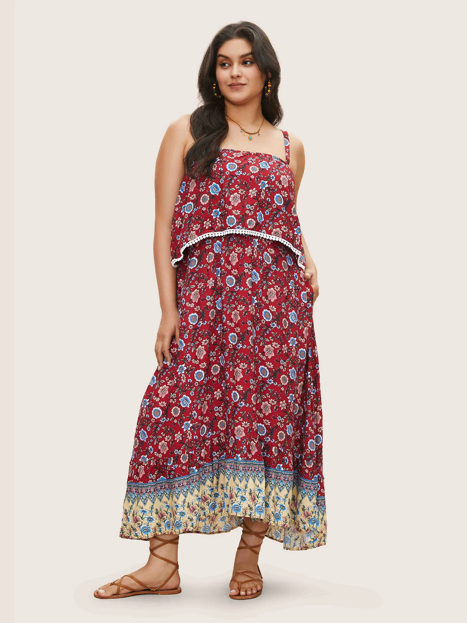 Bandana Print Spaghetti Strap Pocket Ruffles Asymmetrical Hem Maxi Dress