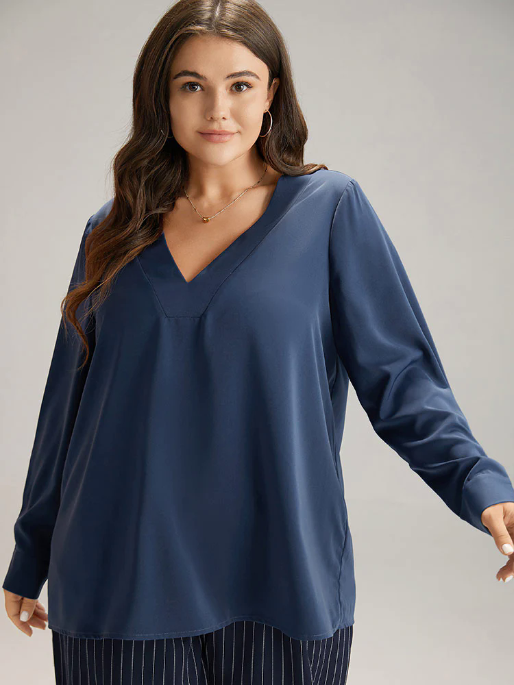 Solid V Neck Button Up Pleated Blouse Solid V Neck Button Up Pleated Blouse
