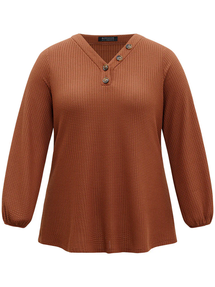 Halloween Solid Waffle Knit Button Up Lantern Sleeve T-shirt Halloween Solid Waffle Knit Button Up Lantern Sleeve T-shirt
