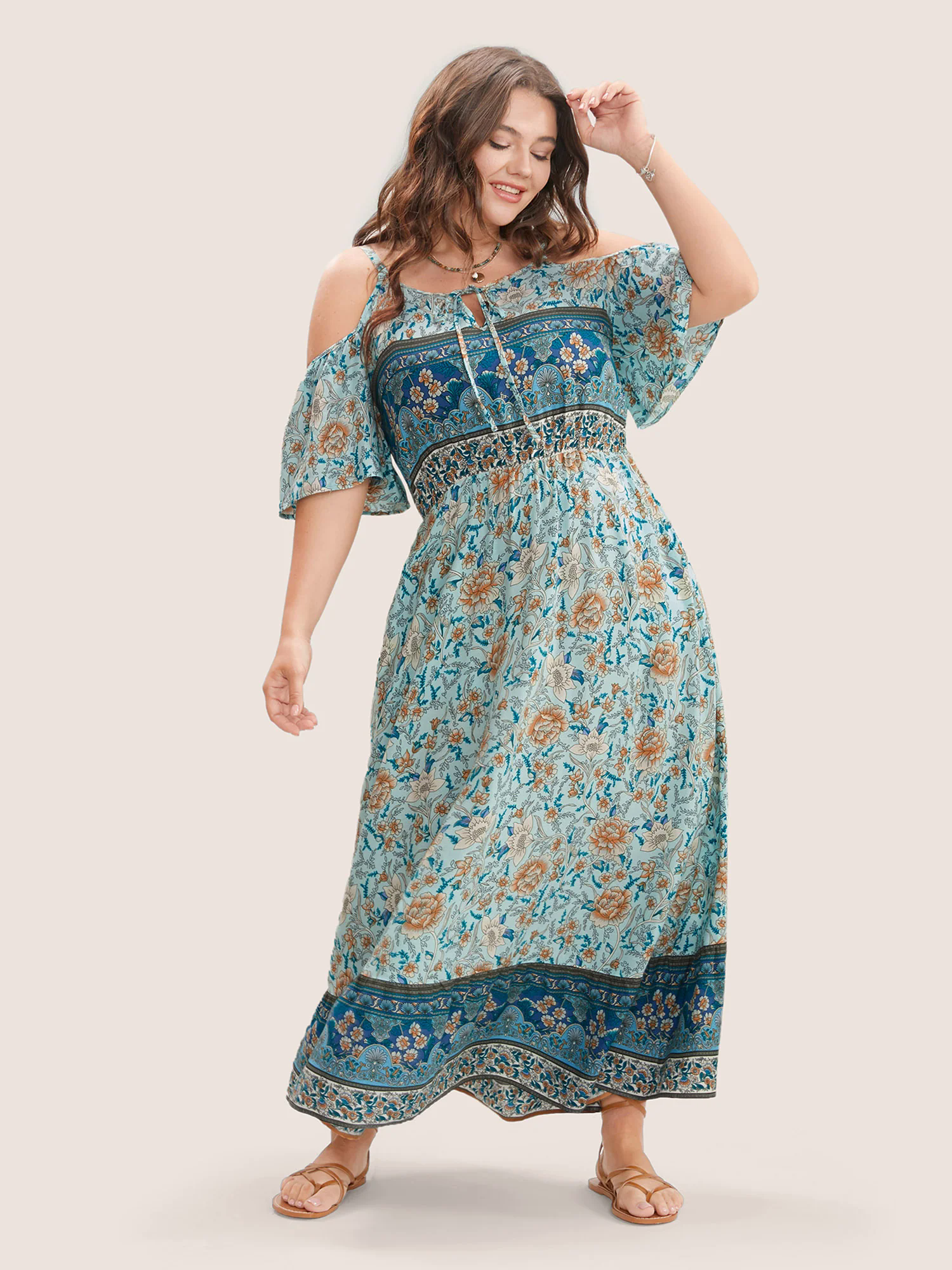 Floral Print Pocket Keyhole Ruffles Cold Shoulder Maxi Dress Floral Print Pocket Keyhole Ruffles Cold Shoulder Maxi Dress