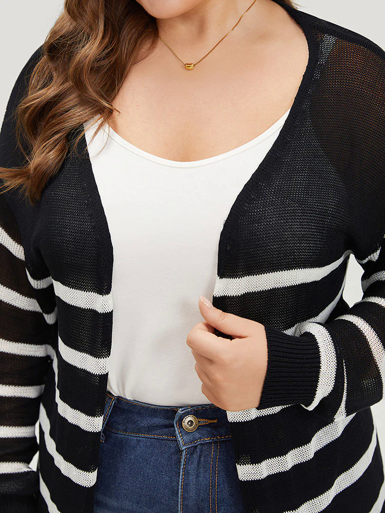 Striped Open Front Elastic Cuffs Drop Shoulder Cardigan