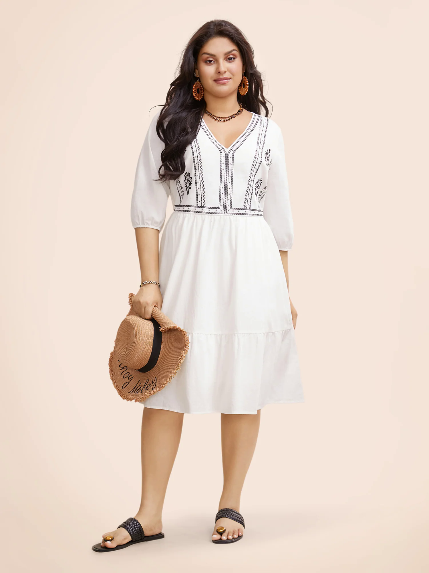 Boho Embroidered Elastic Waist Lantern Sleeve Dress Boho Embroidered Elastic Waist Lantern Sleeve Dress