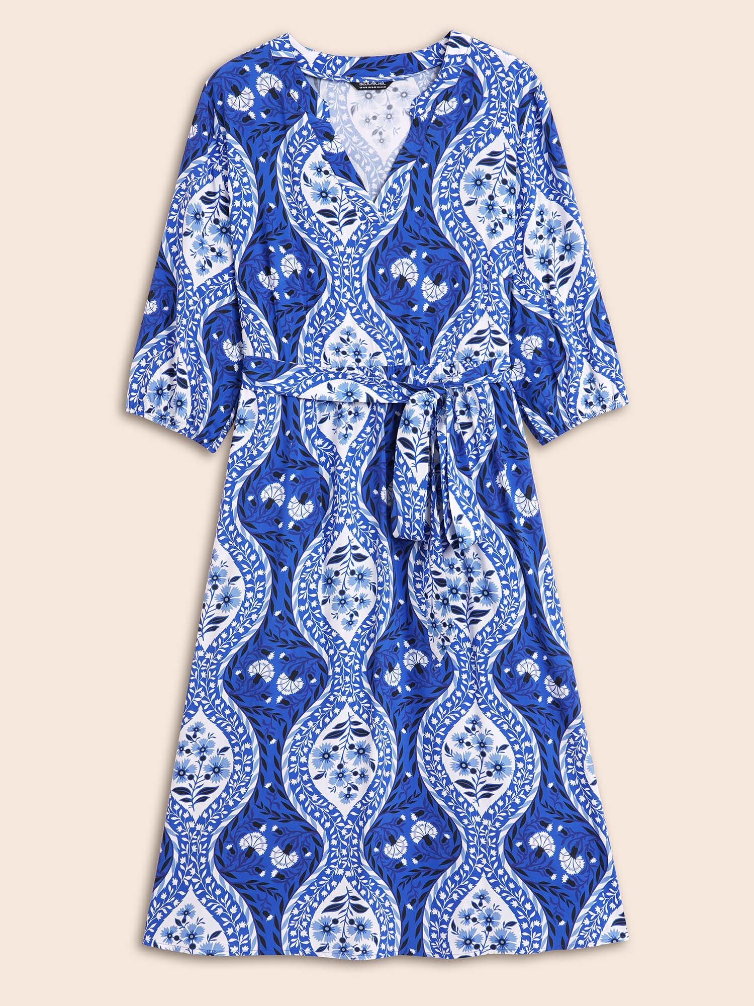 Boho Print Notched Collar Belted Gathered Dress Boho Print Notched Collar Belted Gathered Dress