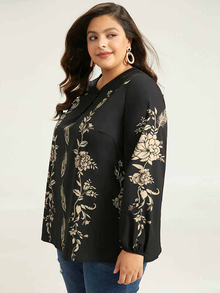 Floral Print Button Up Lantern Sleeve Blouse Floral Print Button Up Lantern Sleeve Blouse