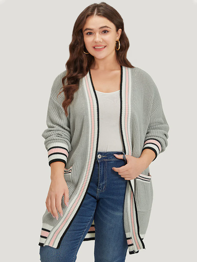 Striped Contrast Drop Shoulder Elastic Cuffs Cardigan Striped Contrast Drop Shoulder Elastic Cuffs Cardigan