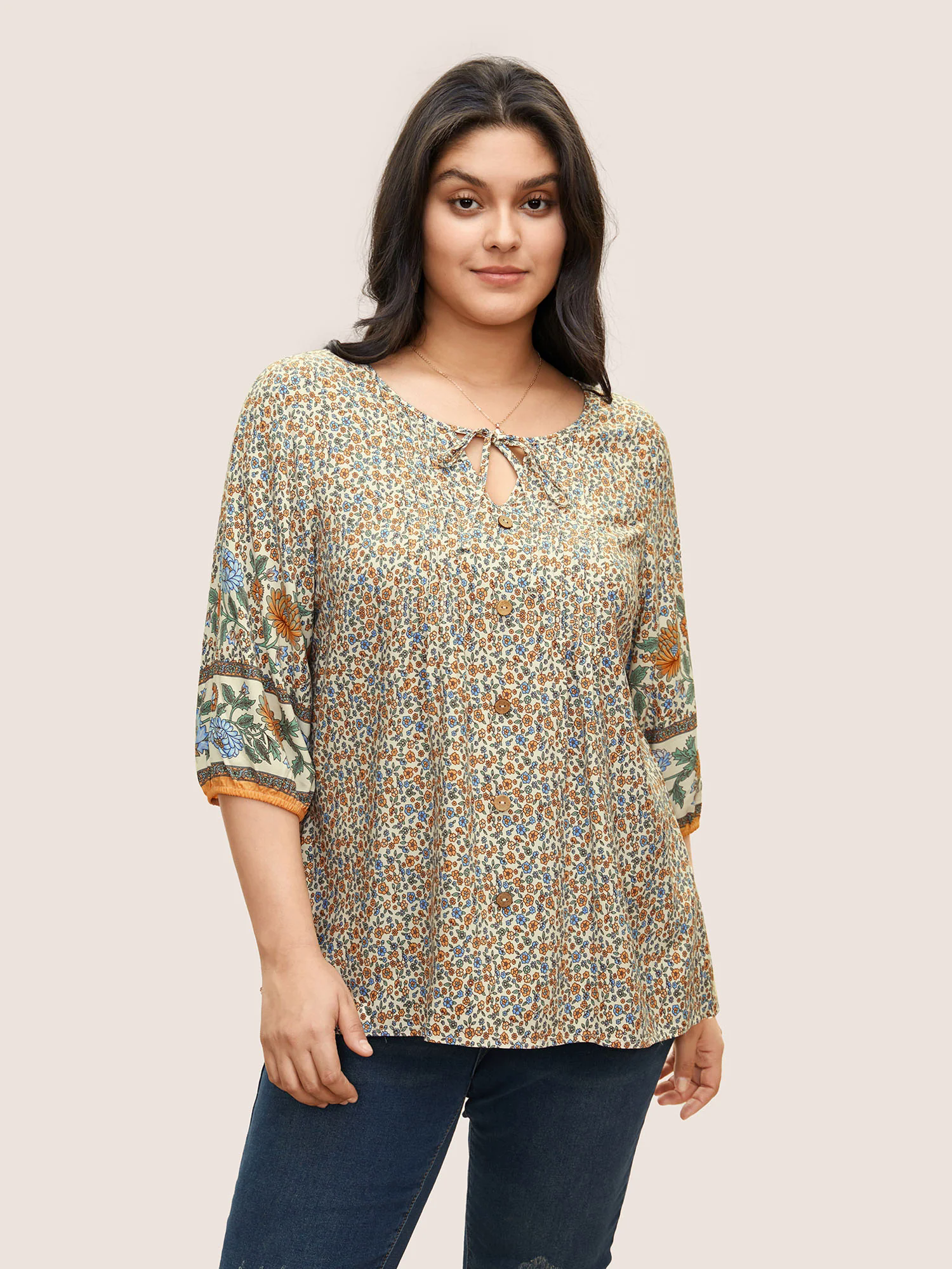 Boho Print Pleated Button Detail Tie Neck Blouse