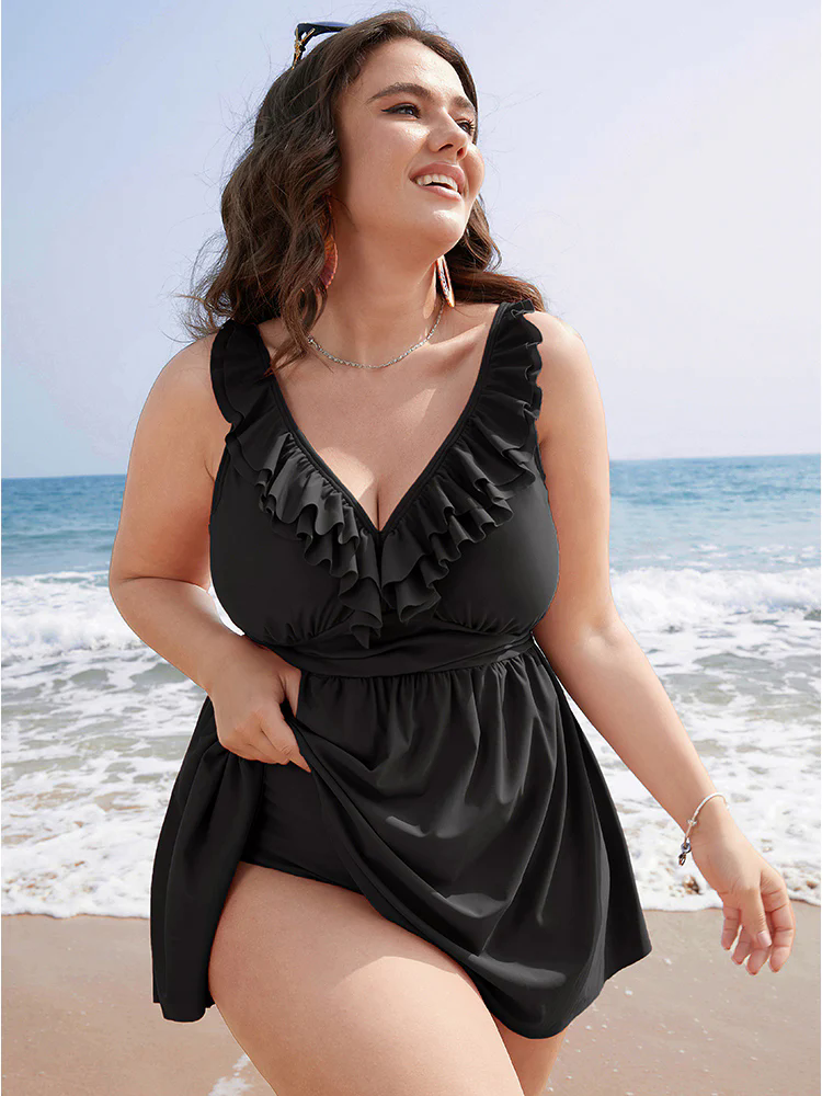 Ruffle Trim Adjustable Straps Gathered Sculpt Waist Swim Dress Ruffle Trim Adjustable Straps Gathered Sculpt Waist Swim Dress
