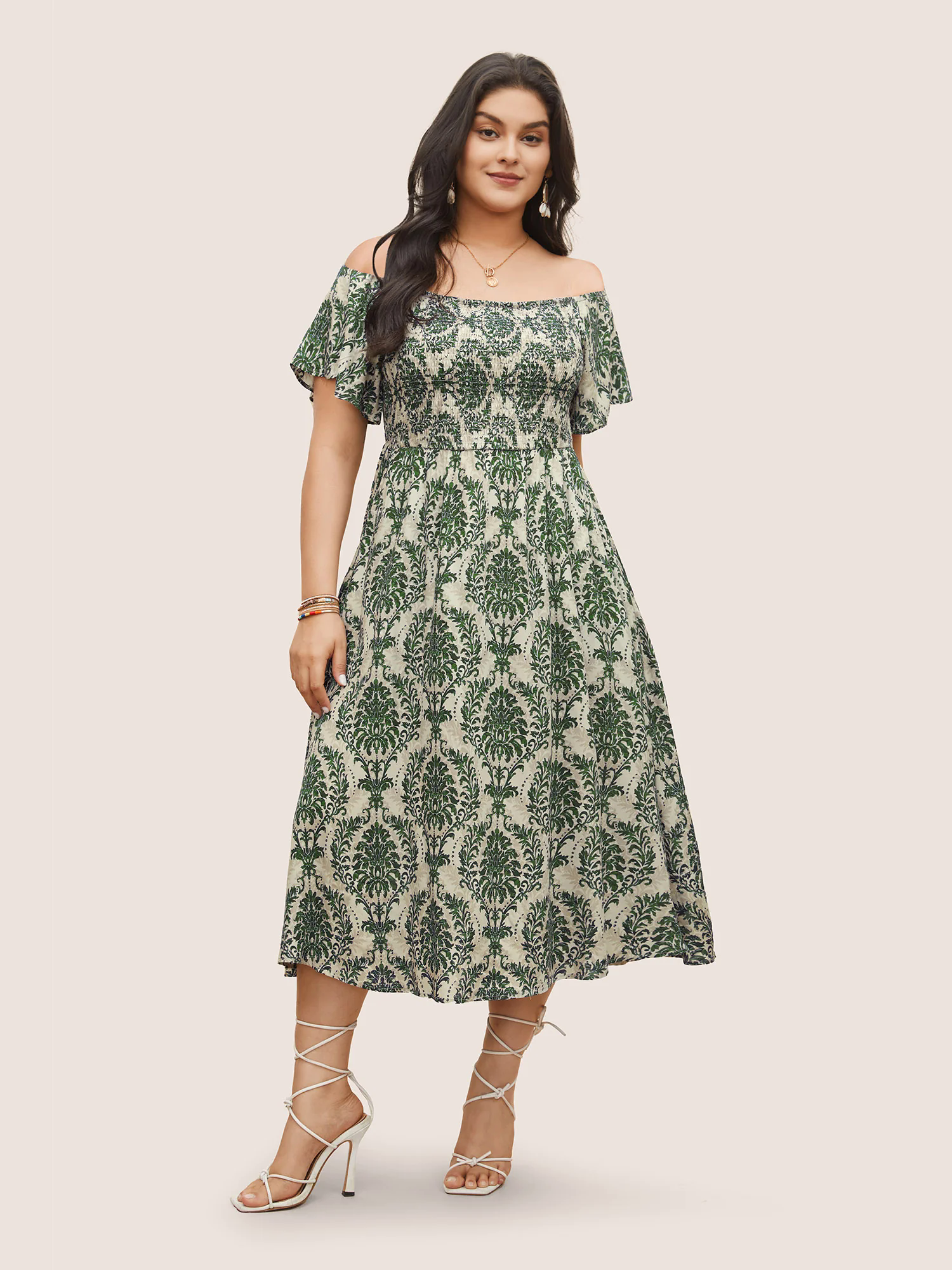 Bandana Print Shirred Off Shoulder Dress