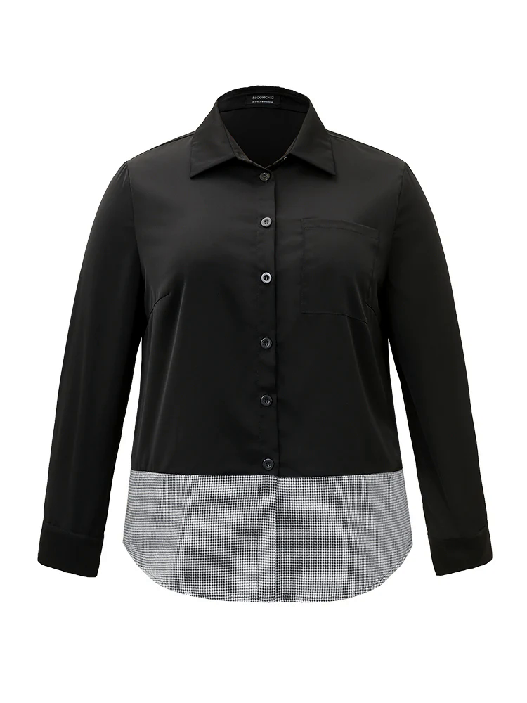 Shirt Collar Gingham Patchwork Arc Hem Blouse Shirt Collar Gingham Patchwork Arc Hem Blouse