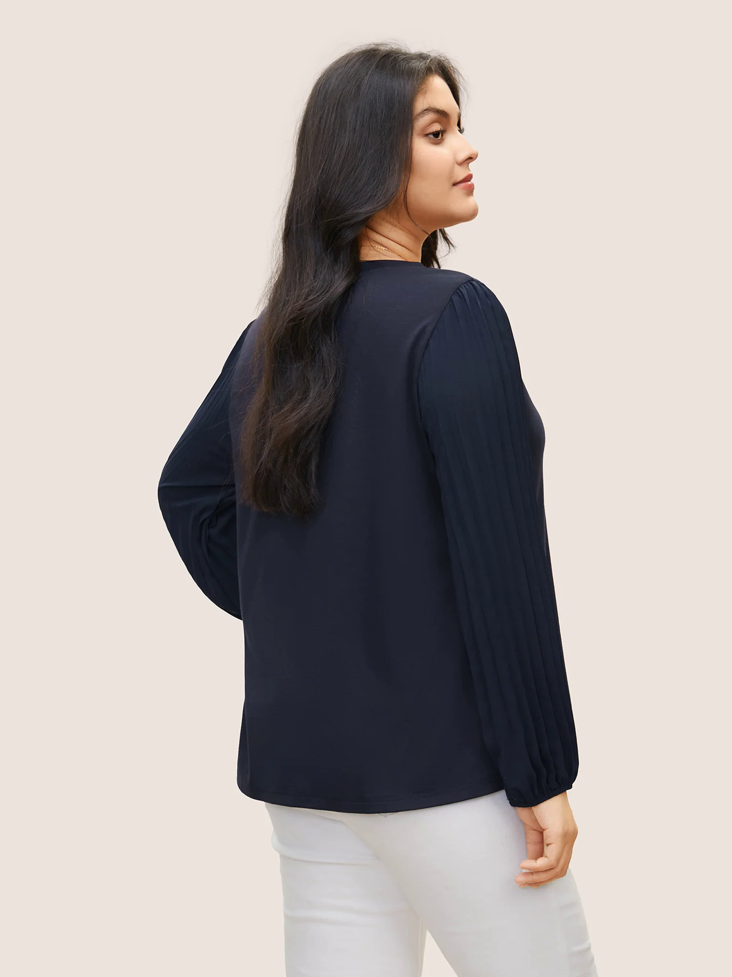 Solid Lantern Sleeve Patchwork Pleated T-shirt Solid Lantern Sleeve Patchwork Pleated T-shirt