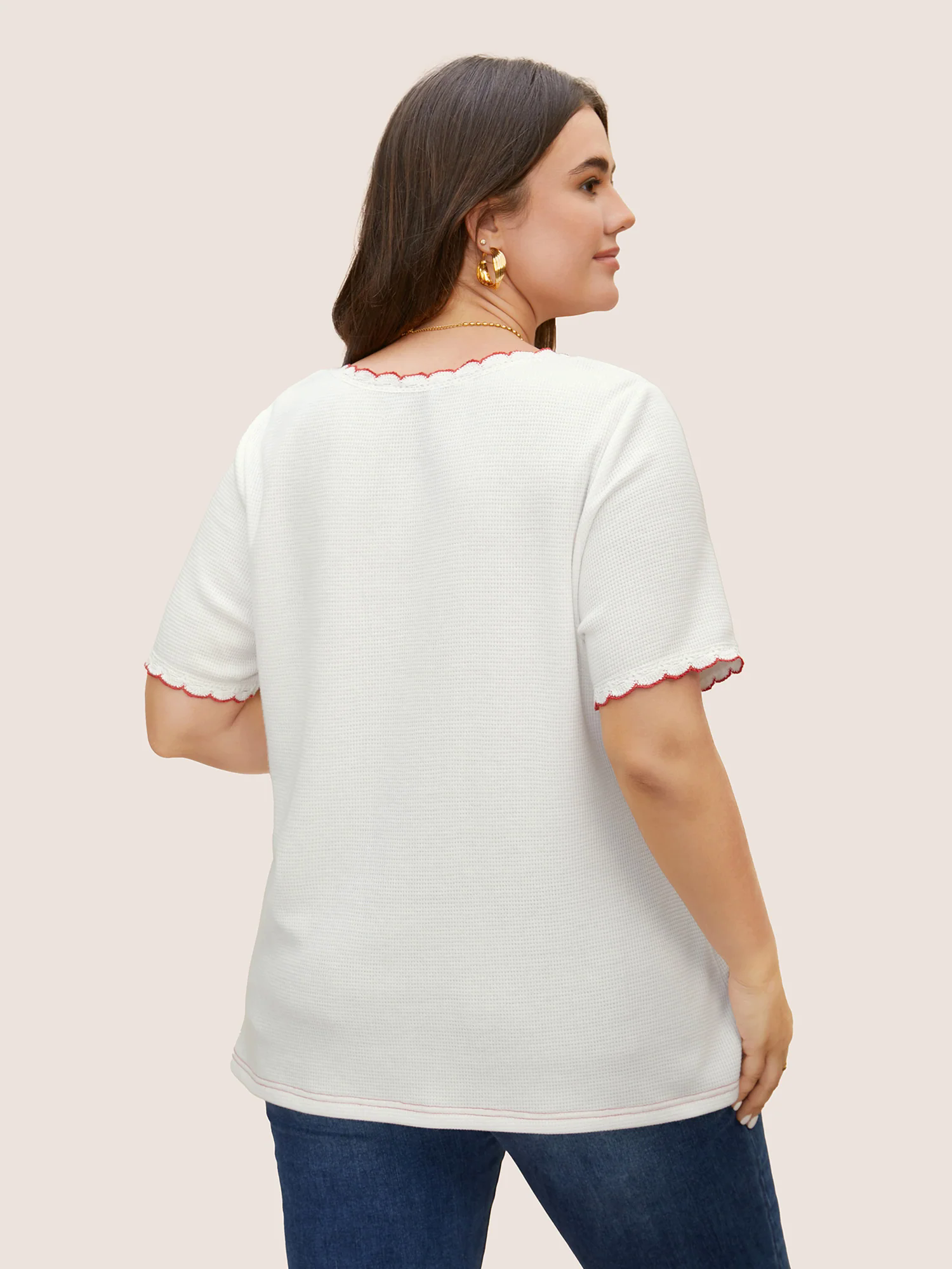 V Neck Texture Contrast Woven Ribbon T-shirt V Neck Texture Contrast Woven Ribbon T-shirt