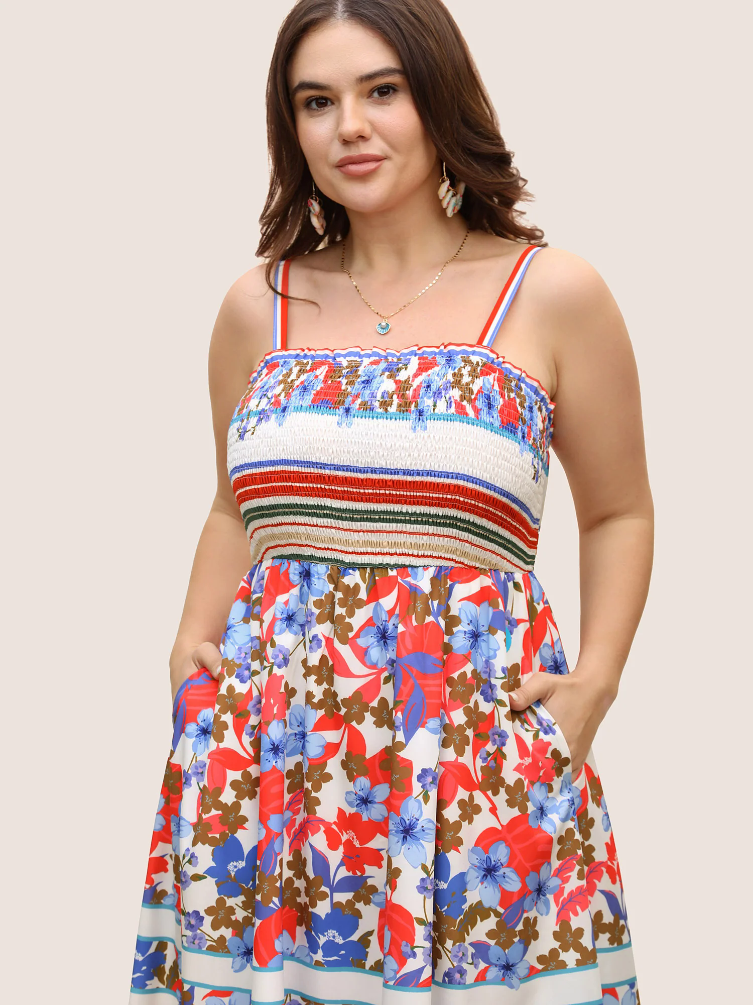 Floral Print Shirred Cami Midi Dress Floral Print Shirred Cami Midi Dress