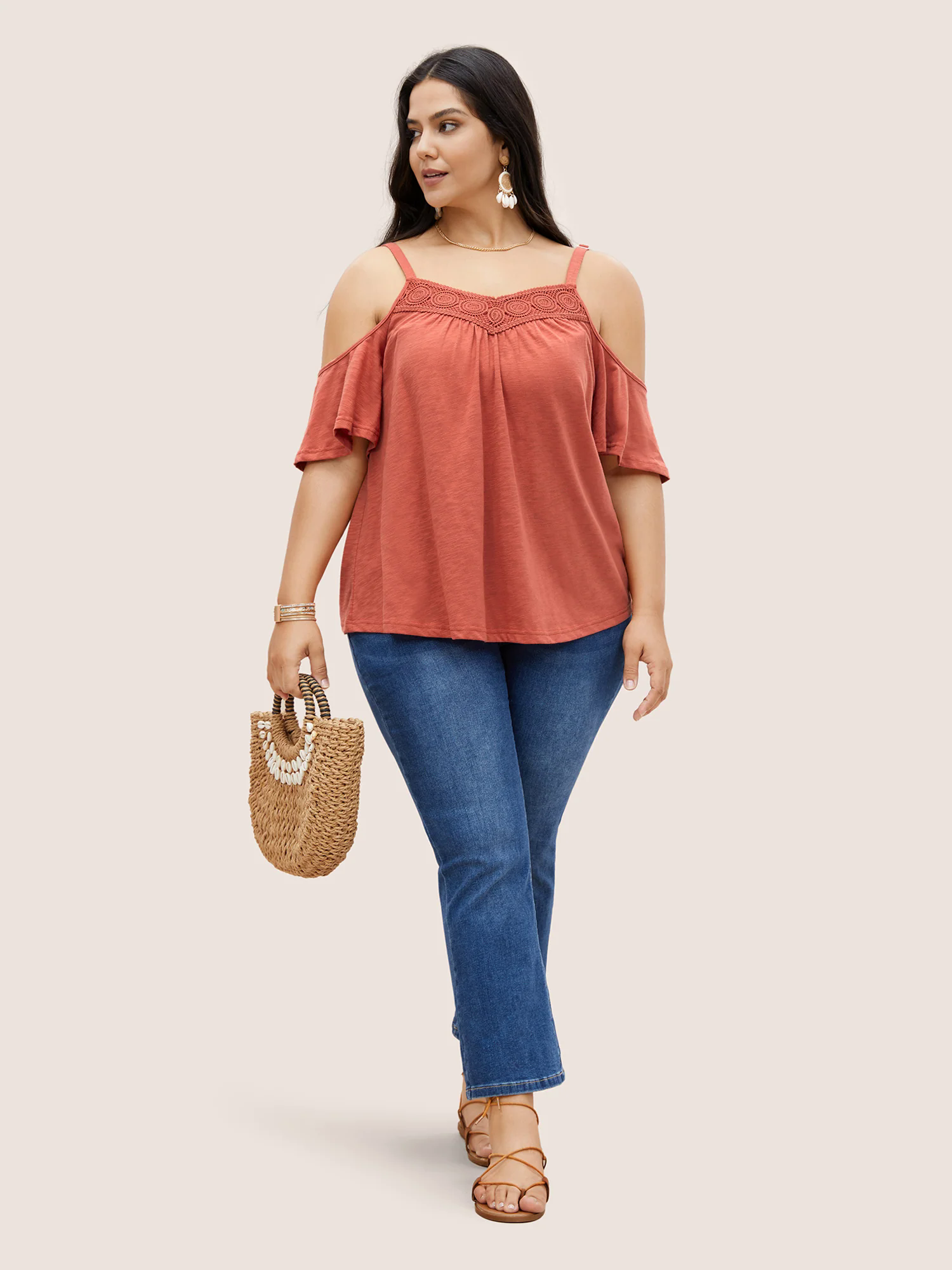 Plain Cold Shoulder Adjustable Straps Lace Panel T-shirt Plain Cold Shoulder Adjustable Straps Lace Panel T-shirt