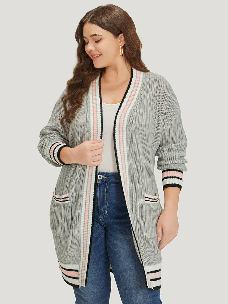 Striped Contrast Drop Shoulder Elastic Cuffs Cardigan Striped Contrast Drop Shoulder Elastic Cuffs Cardigan
