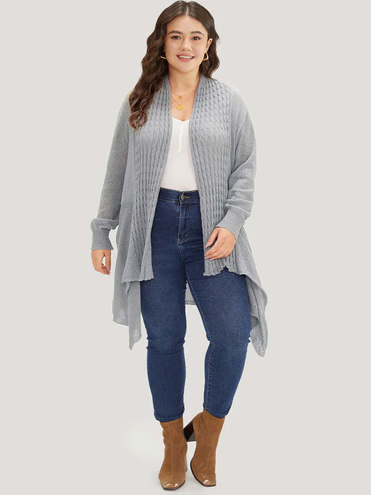 Cable Knit Open Front Asymmetrical Hem Cardigan