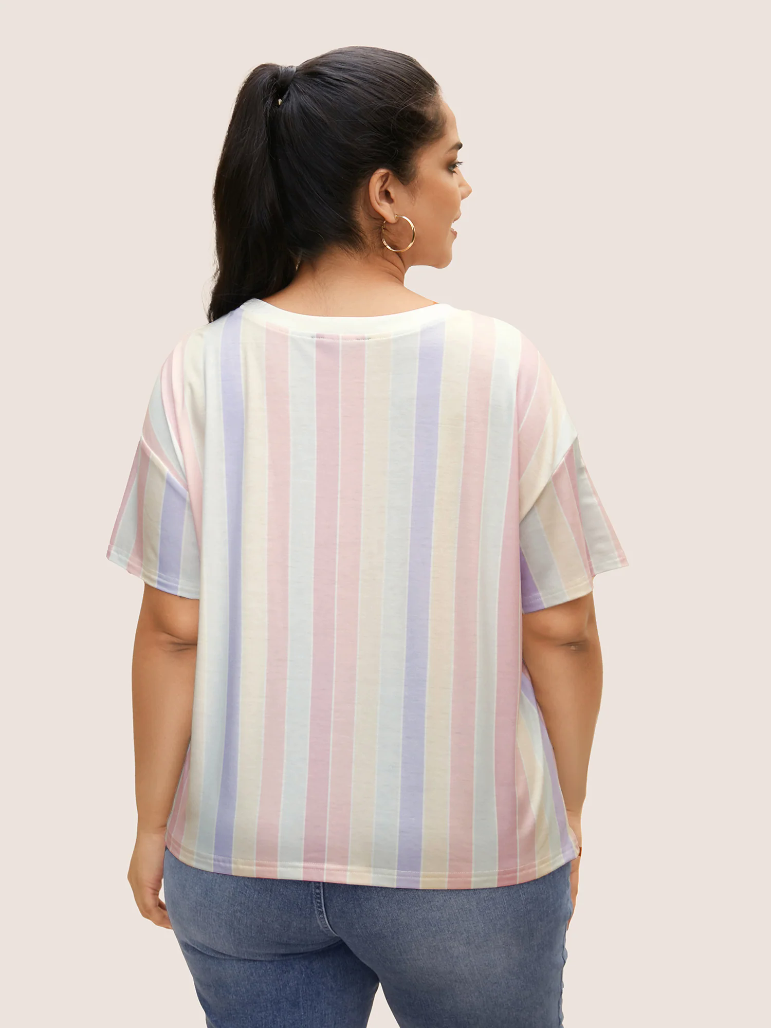 Round Neck Colored Striped Letter Print T-shirt Round Neck Colored Striped Letter Print T-shirt