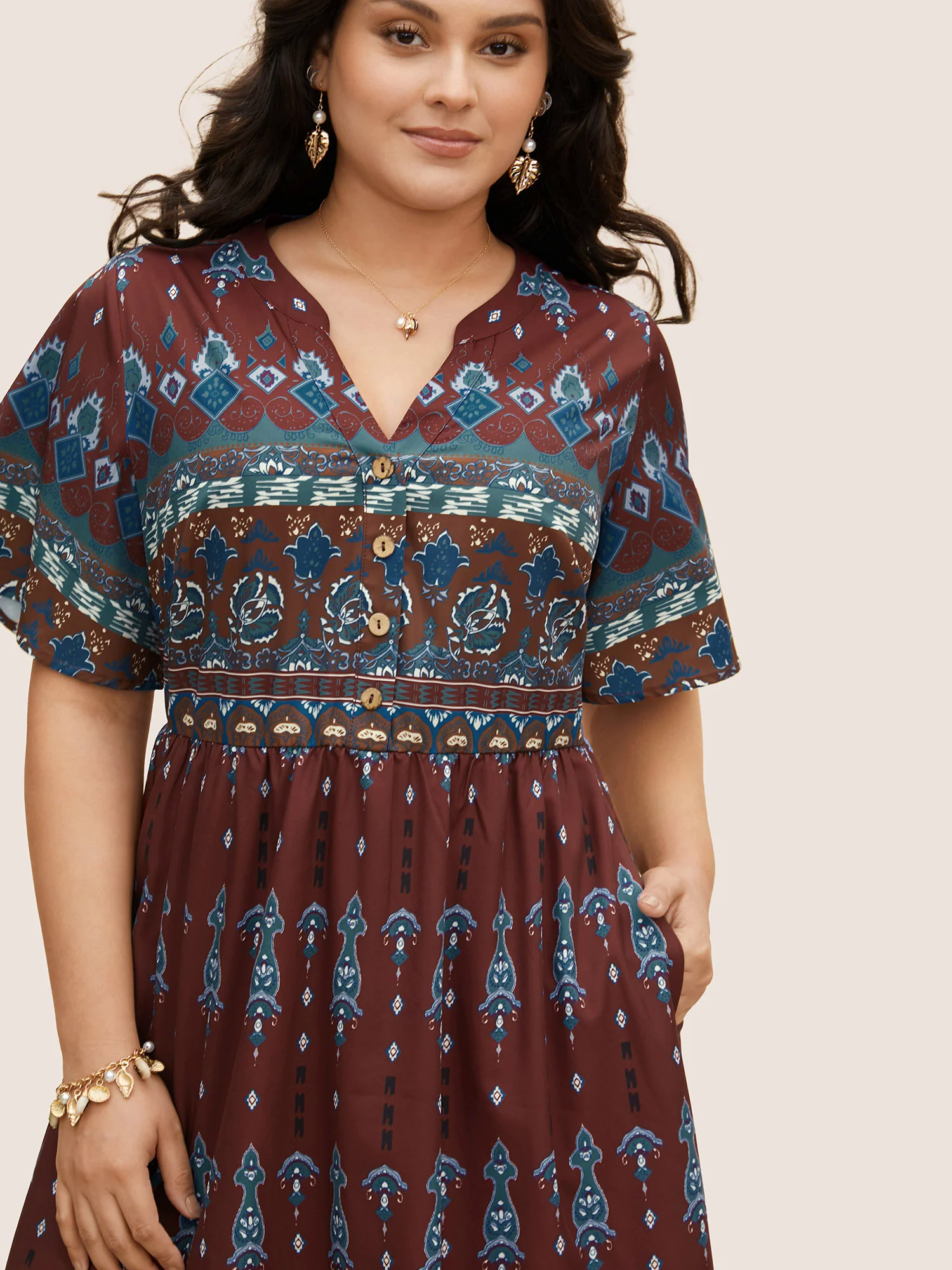 Bandana Print Notched Button Detail Dress