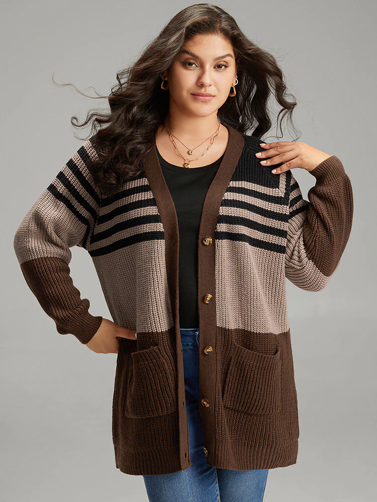 Striped Colorblock Patched Pocket Cardigan Striped Colorblock Patched Pocket Cardigan