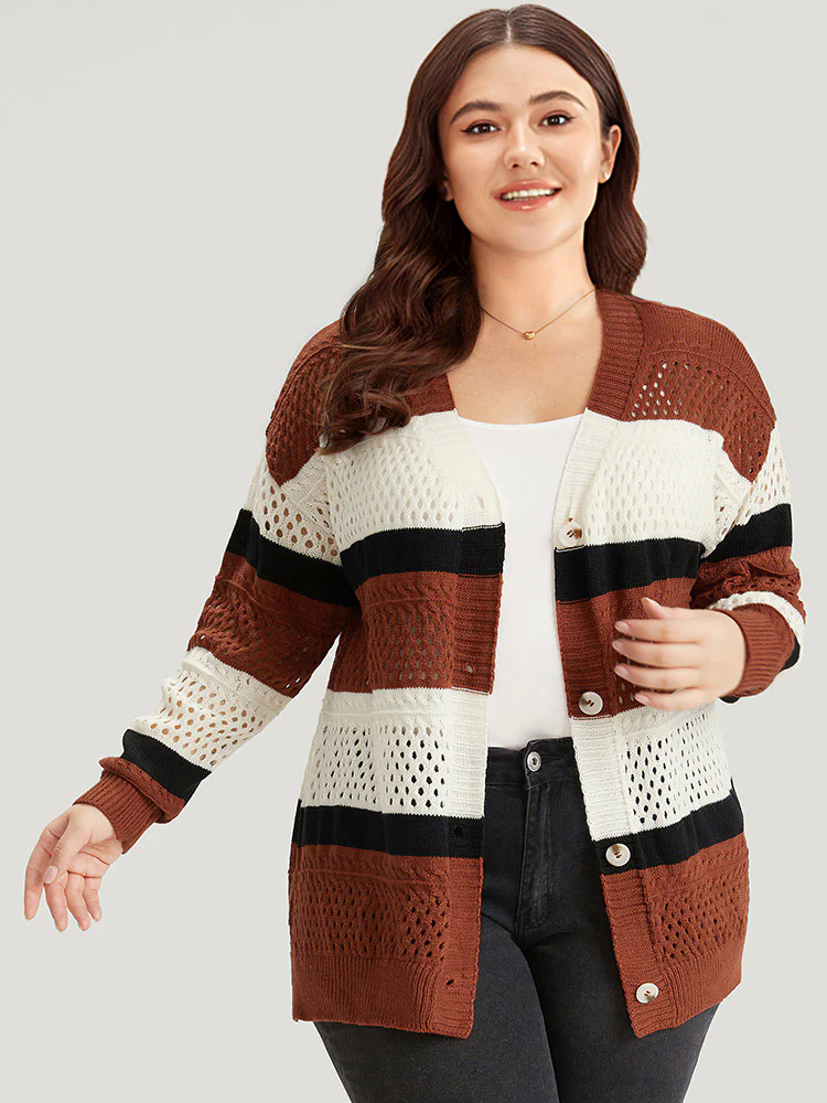 Colorblock Contrast Geo Eyelet Button Through Cardigan