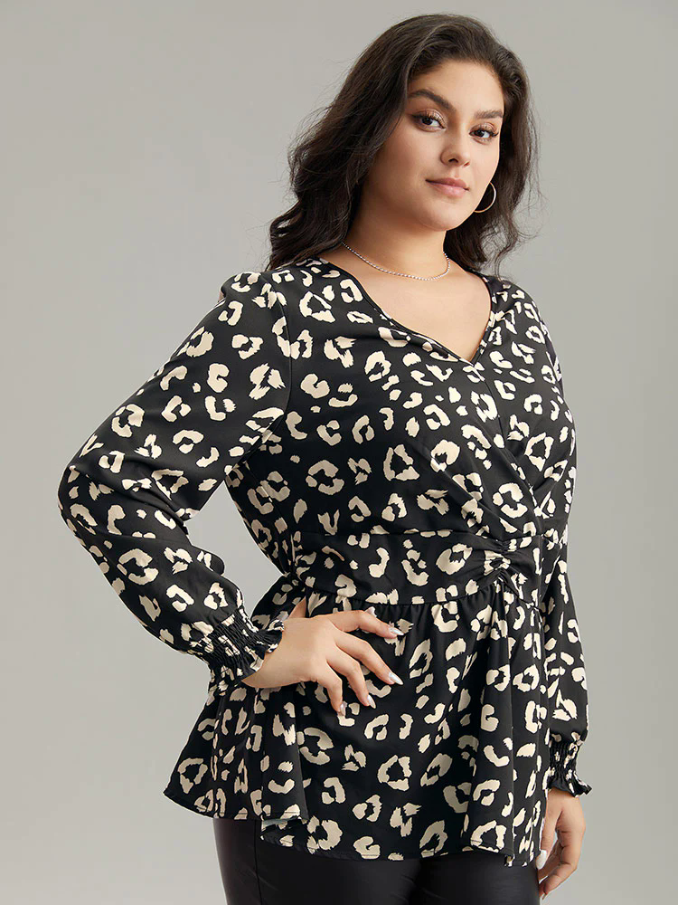 Leopard Print Crossover Ruched Shirred Blouse