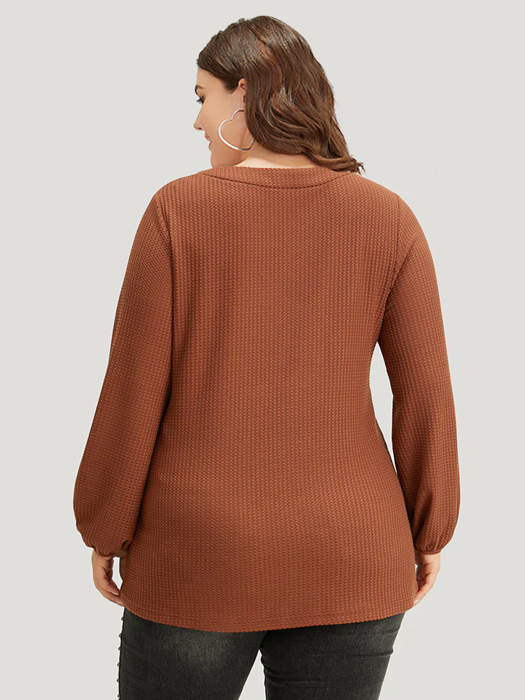 Halloween Solid Waffle Knit Button Up Lantern Sleeve T-shirt Halloween Solid Waffle Knit Button Up Lantern Sleeve T-shirt