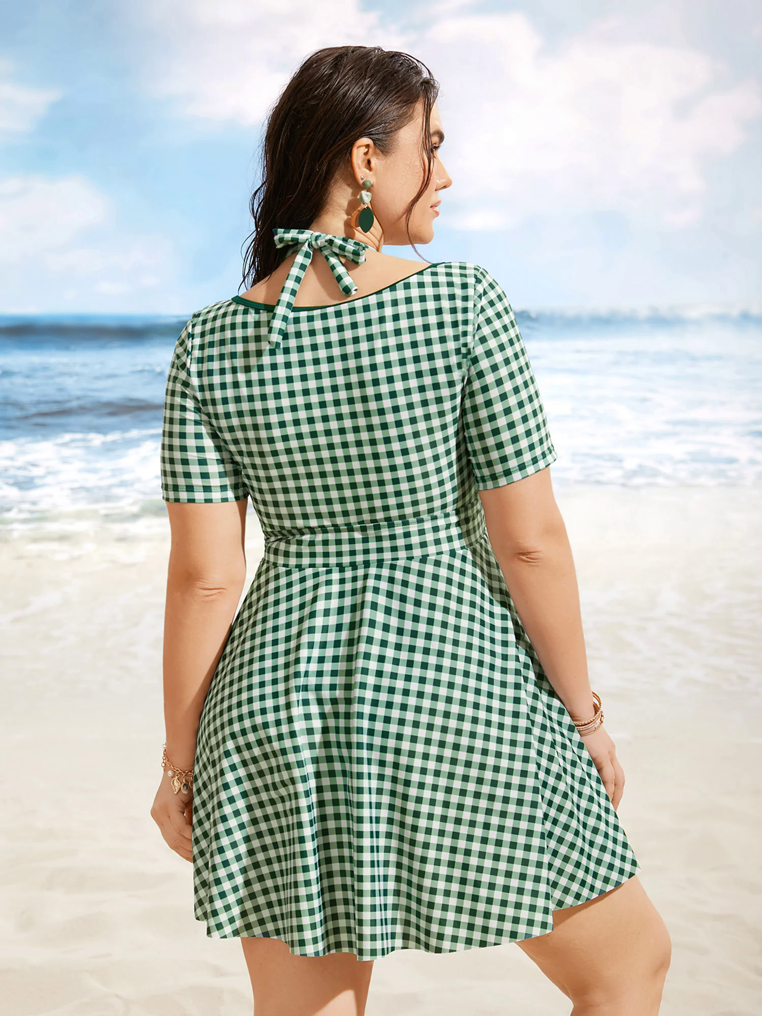 Gingham Patchwork Drawstring Tie Knot Swim Dress Gingham Patchwork Drawstring Tie Knot Swim Dress